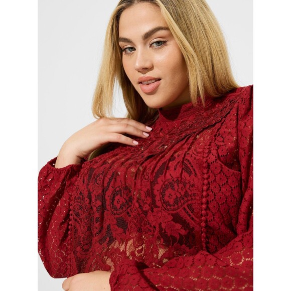 NWT Torrid 1X Rhubarb Red Mixed Lace High Neck Long Sleeve Top Blouse Size 14-16 - Picture 5 of 9
